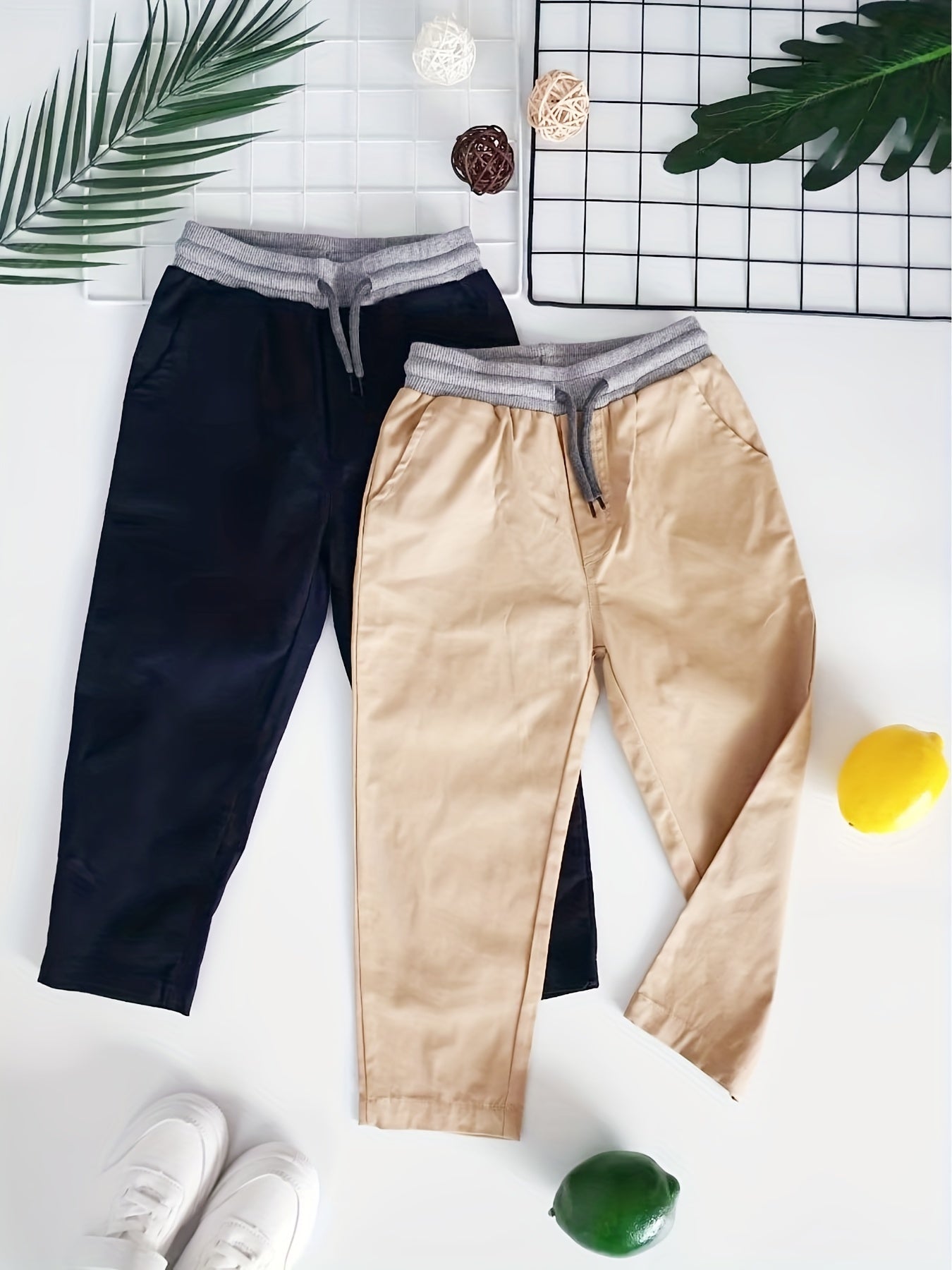 2pcs Boys Solid Loose Cargo Pants Elastic Waist Jogger Pants With Pocket
