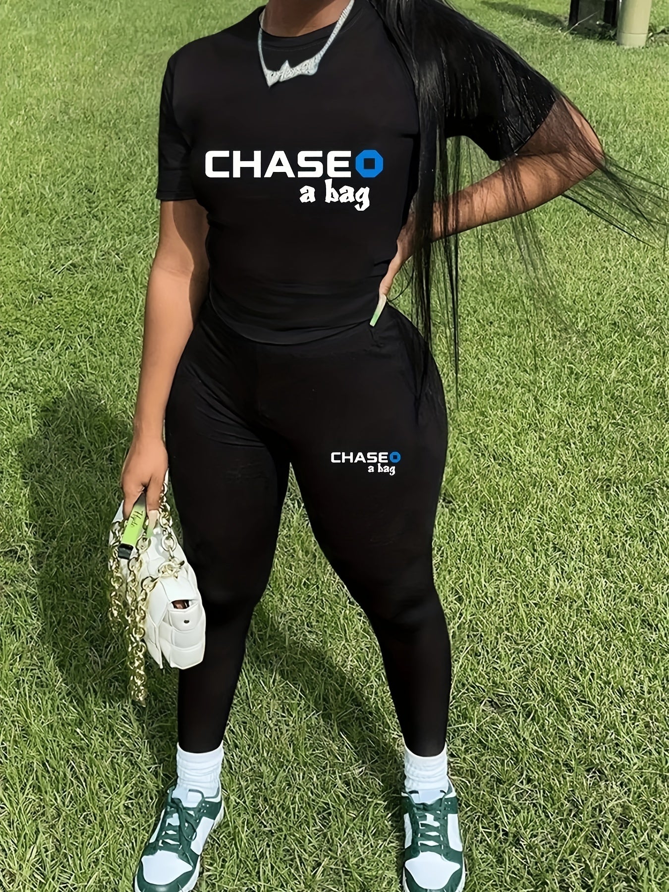 Chase A Bag Letter Print Set Crew Neck Tee & Slim Pants Outfits