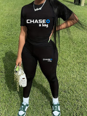 Chase A Bag Letter Print Set Crew Neck Tee & Slim Pants Outfits