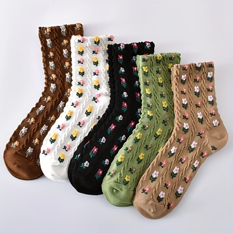 Floral Print Harajuku Style Mid Tube Socks Women's Stockings