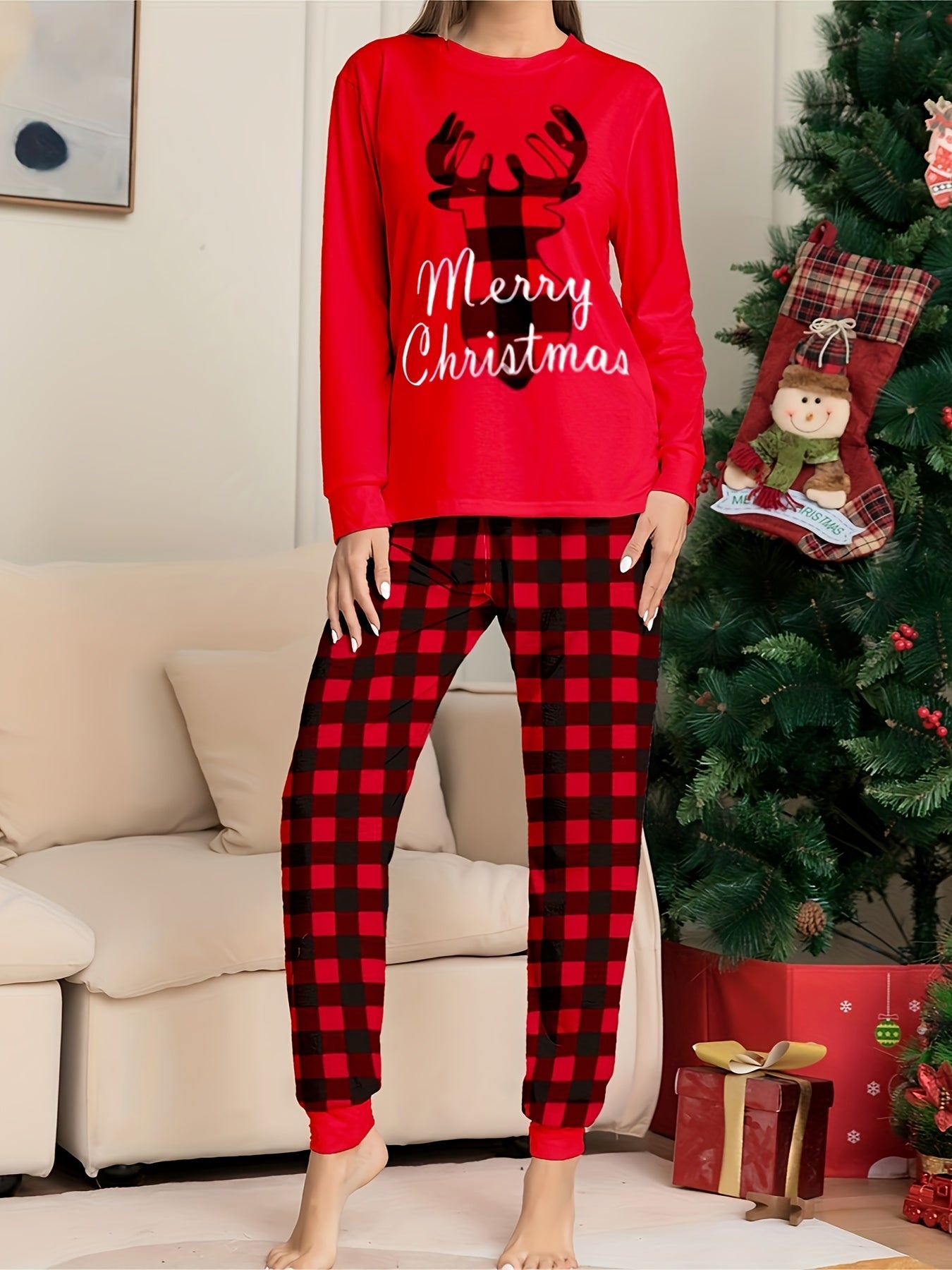 Christmas Pajamas Set Plaid Reindeer Tee & Joggers