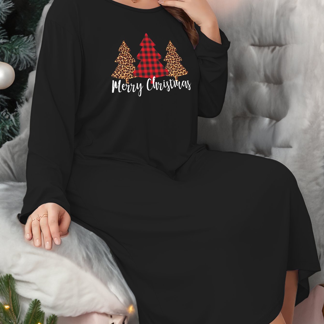 Plus Size Christmas Casual Lounge Dress Women's Plus Long Sleeve Nightdress