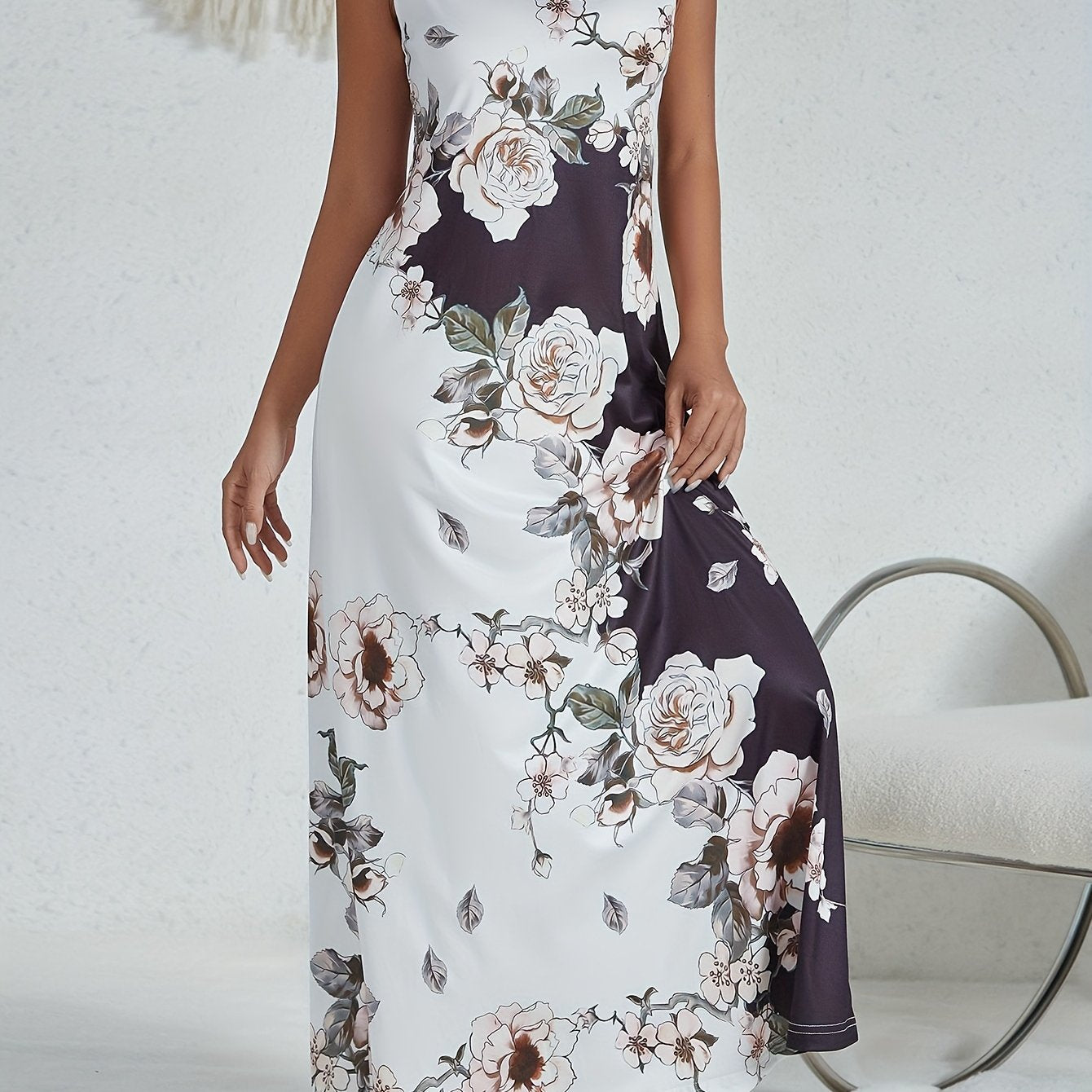 Floral Print Lounge Dress Sleeveless Crew Neck Comfy Home Dress