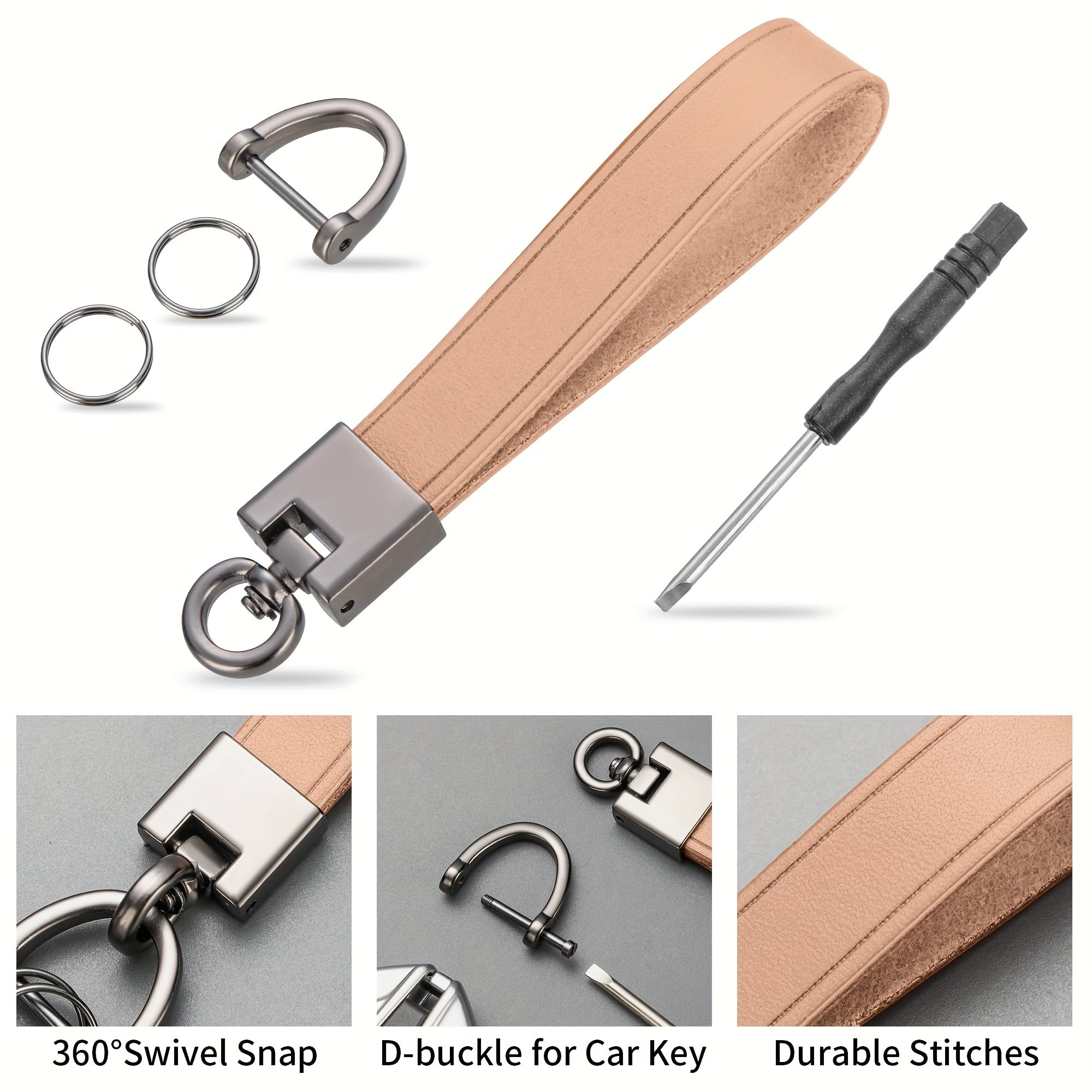 Leather Key Chain Car Keychains Anti Lost D Ring 2 Keyrings 1 Screwdriver