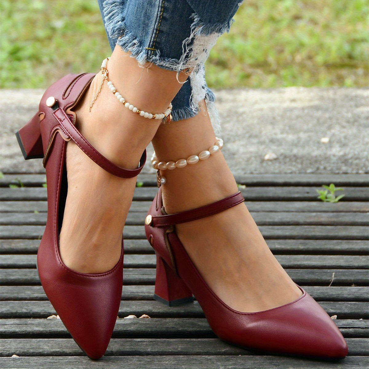 Women's Pointed Toe Pumps Ankle Strap Chunky Heels Mid Heels