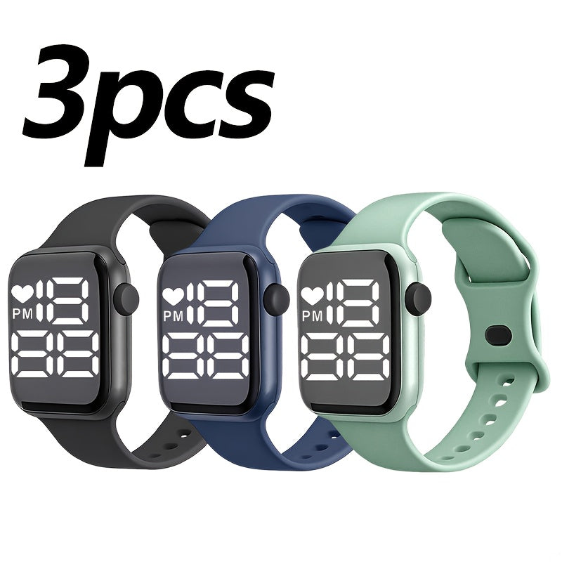 3pcs Sports LED Watch Set Party Decor Square Digital Watch Gift
