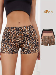 4pcs Leopard & Solid Boyshort Panties Soft & Comfortable Stretch Panties