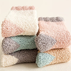 5 Pairs Colorblock Fuzzy Socks Soft & Warm Women's Mid Tube Stockings