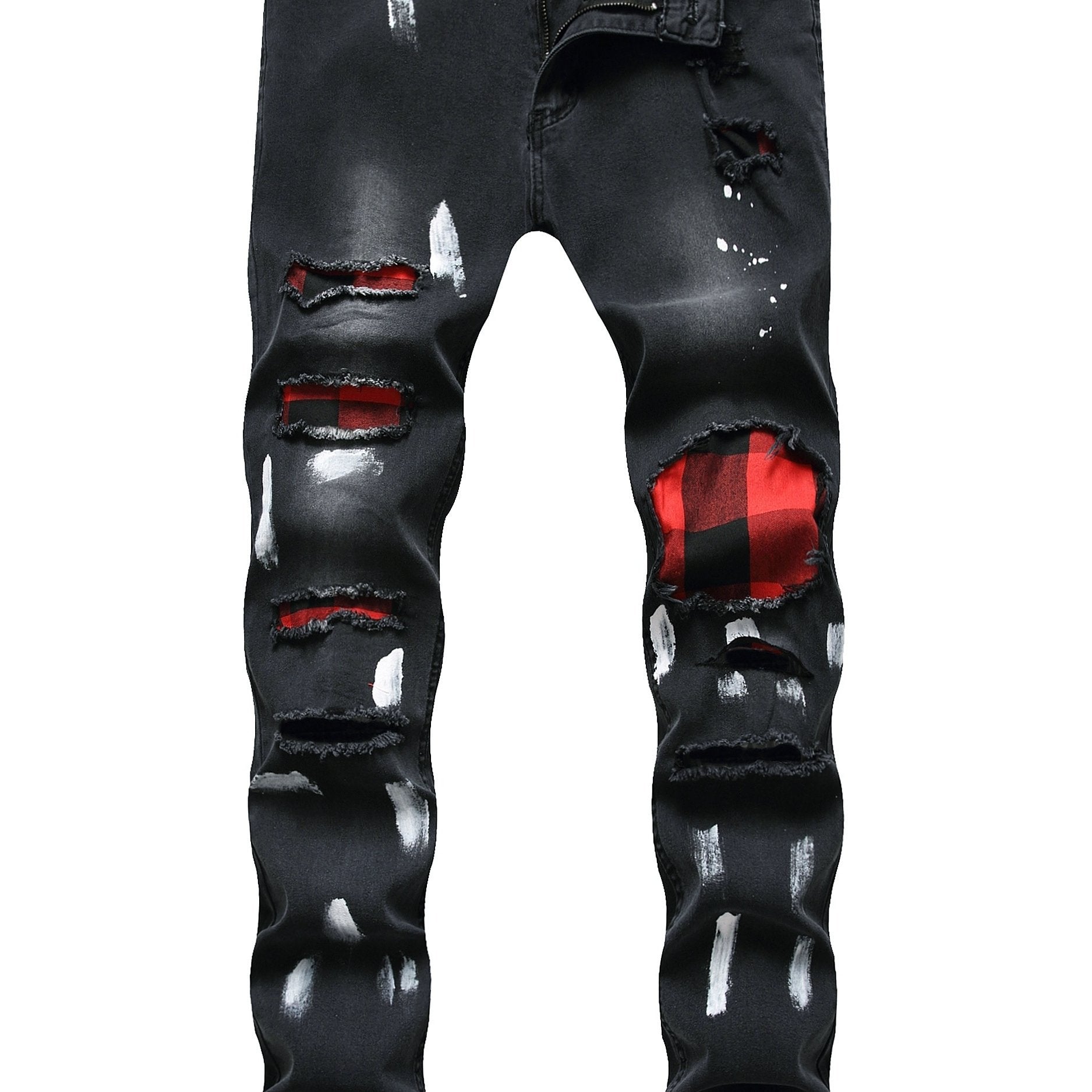Paint Splash Plaid Ripped Jeans Mens Casual Street Style Slim Fit Distressed