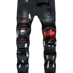 Paint Splash Plaid Ripped Jeans Mens Casual Street Style Slim Fit Distressed
