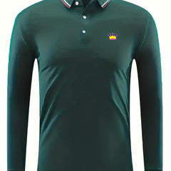 Crown Print Men's Lapel Polo Shirt Casual Stretch Button Up