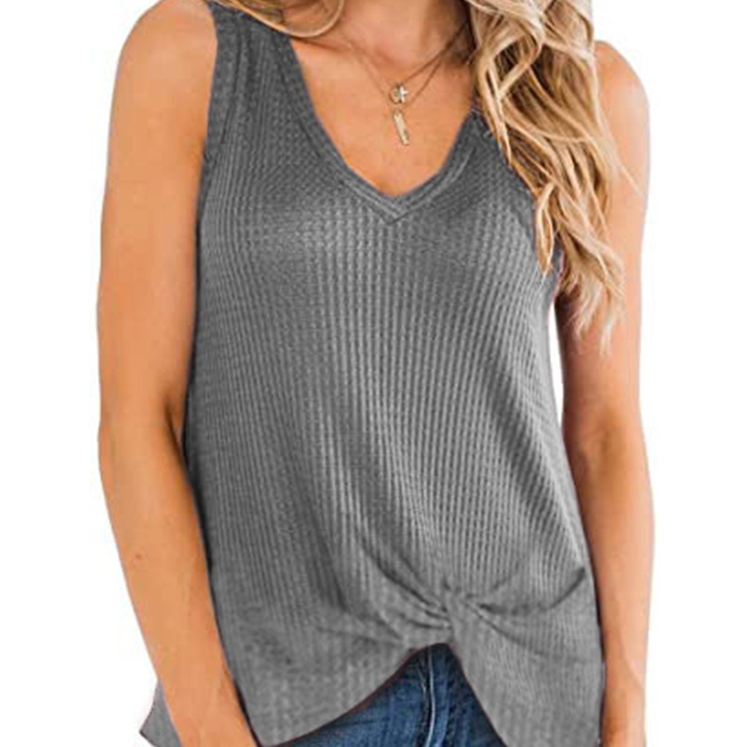 Women's V Neck Waffle Tank Top Slim Fit Cami