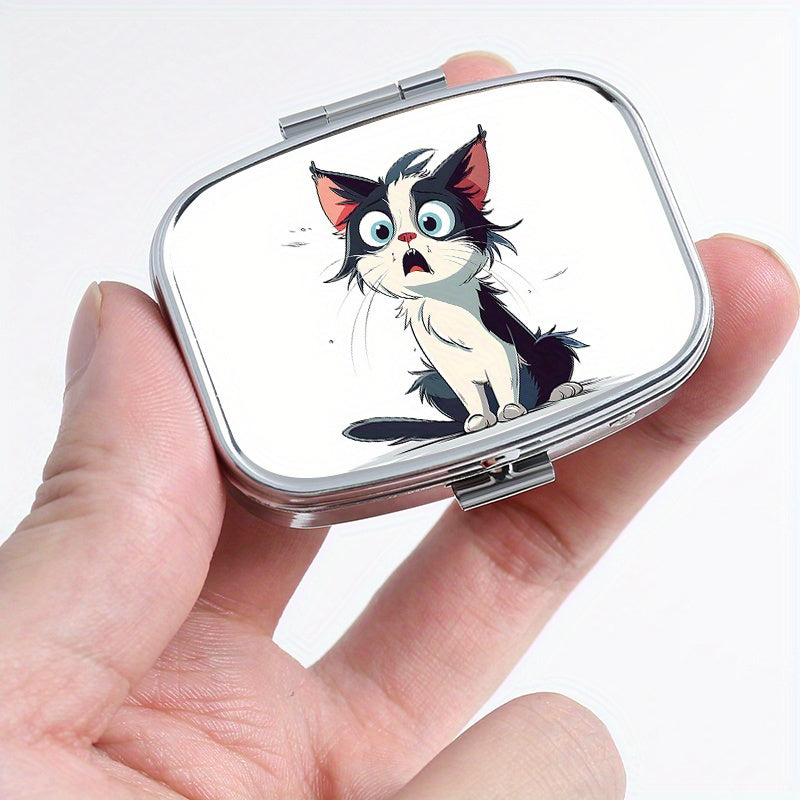 Surprised Cat Print Two Compartment Pill Box Mini Portable Travel Outdoor Sports
