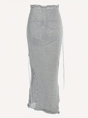 Knitted Drawstring Waist Side Shirring Skirt Casual Ankle Skirt