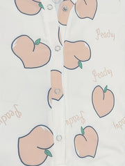 Peach Print Romper Pajamas Long Sleeve Buttons V Neck Lingerie