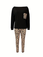 Leopard Print Lounge Set Long Sleeve Top & Pants Women's Loungewear
