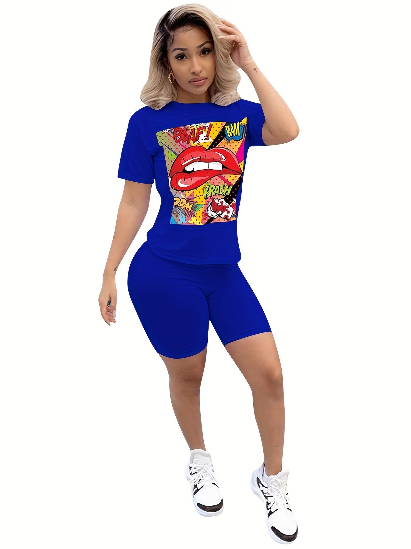 Graphic Print Short Sleeve T shirt & Bodycon Biker Shorts Set