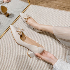 Pearl Bowknot Mid Heel Pointed Toe Pumps