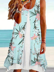 Floral Tank Dress Round Neck Sleeveless Casual