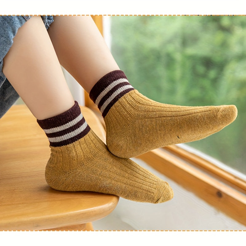 5 Pairs Striped Knitted Crew Socks for Girls