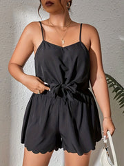 Two Piece Set: Solid Cami Top & Scallop Trim Shorts