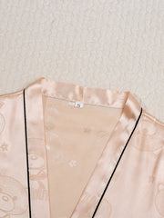 Bear & Floral Print Satin Pajamas Set