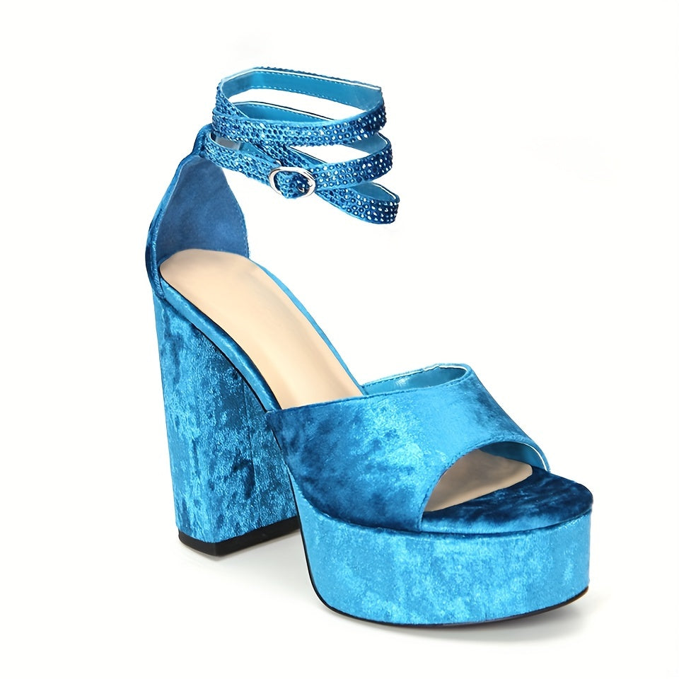 Velvet Platform Sandals Rhinestone Ankle Strap Block Heels