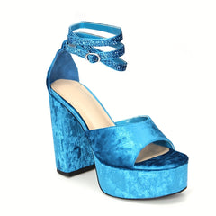 Velvet Platform Sandals Rhinestone Ankle Strap Block Heels