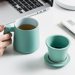 Ceramic Coffee Mug with Stainless Steel Filter and Wood Handle