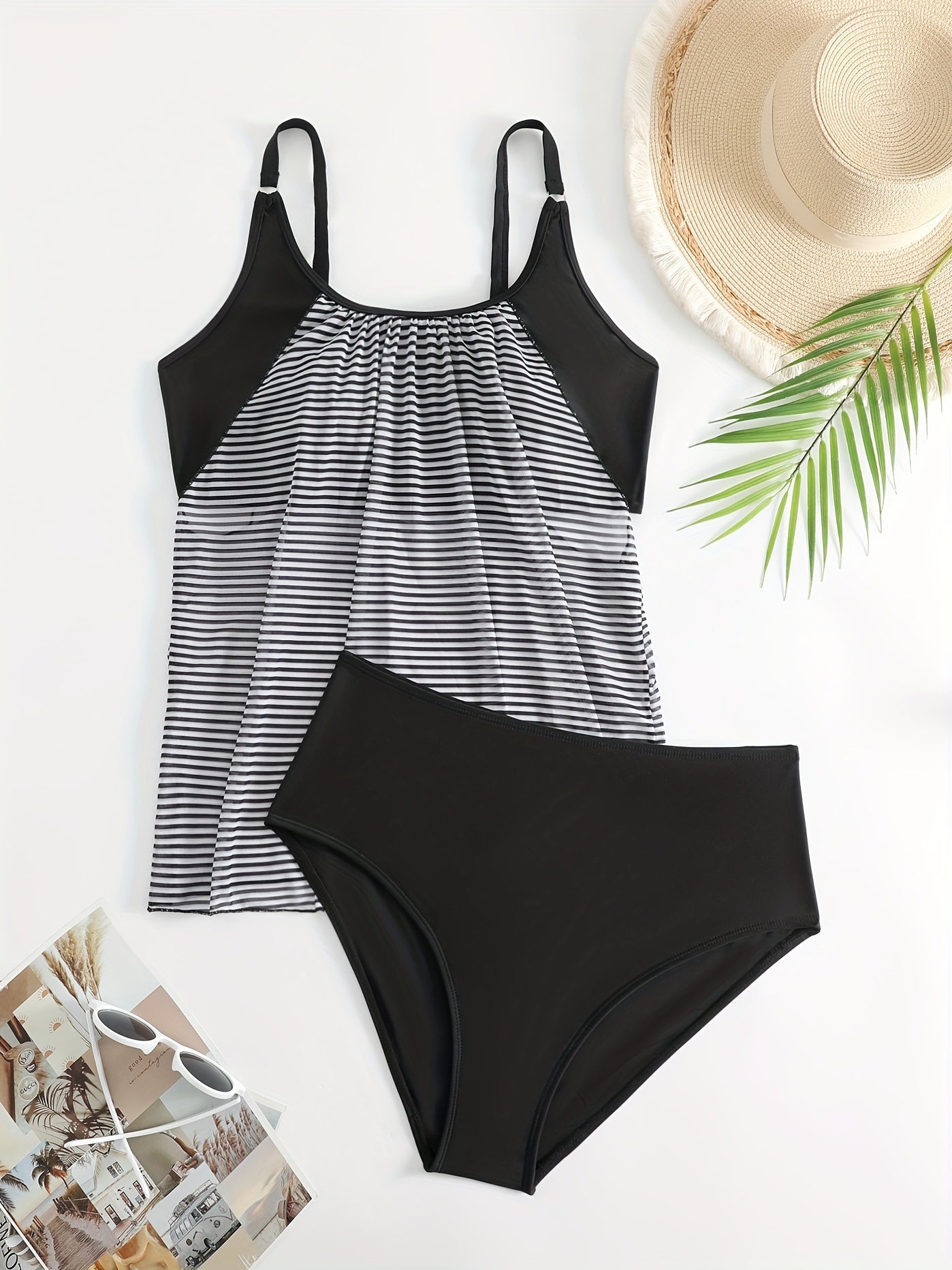 Striped Print 2 Piece Set Tankini Tummy Control Mesh Swimsuit Beach Pool Bathing