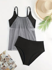 Striped Print 2 Piece Set Tankini Tummy Control Mesh Swimsuit Beach Pool Bathing