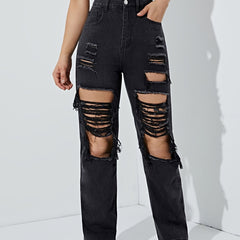 High Rise Ripped Mom Jeans Slim Fit Destroyed Denim Pants