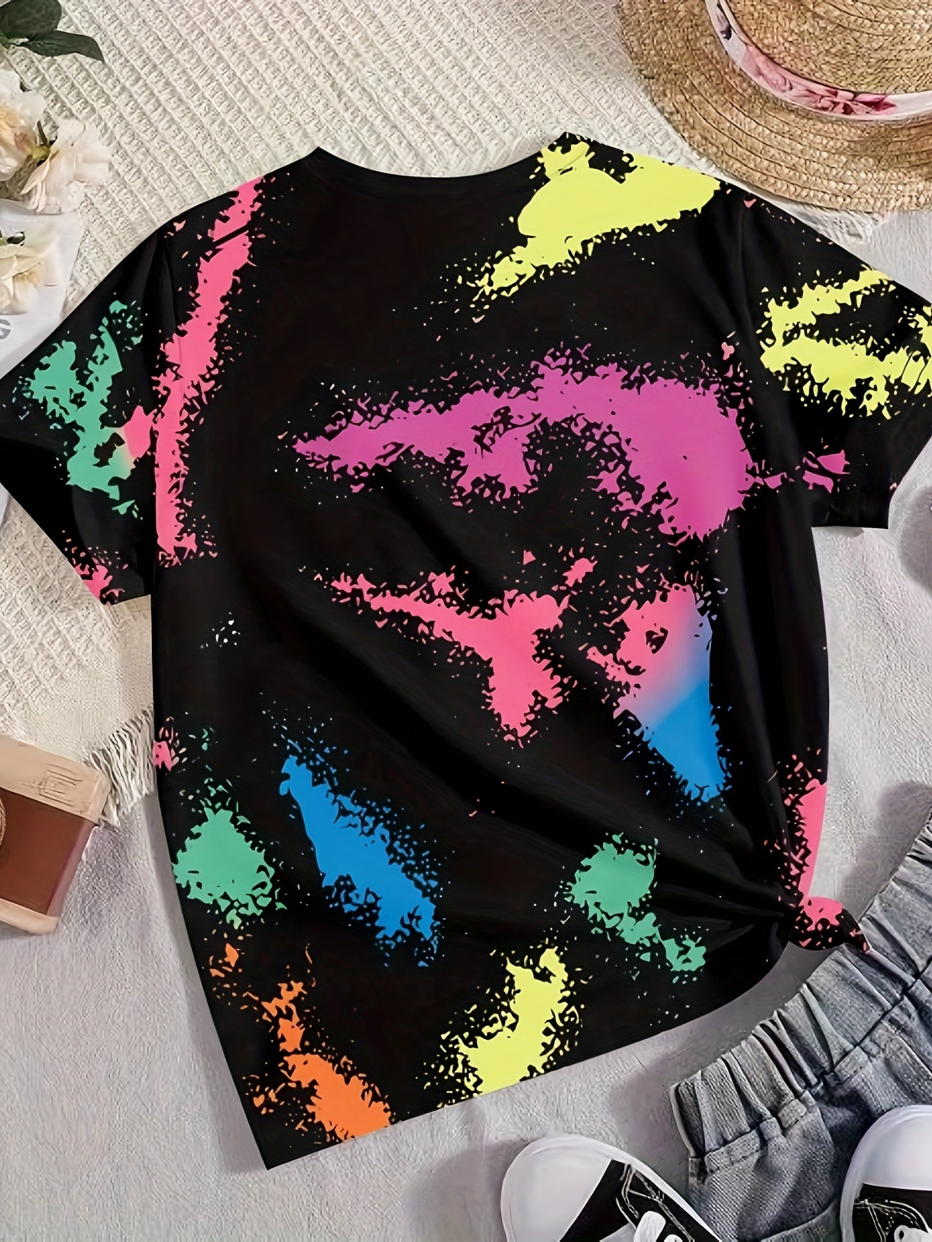 Tie Dye Pattern Cartoon Girl Short Sleeve T-shirt Girls Pullover Summer Sports