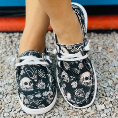 Halloween Scary Skeleton & Floral Print Low Top Sneakers Lightweight