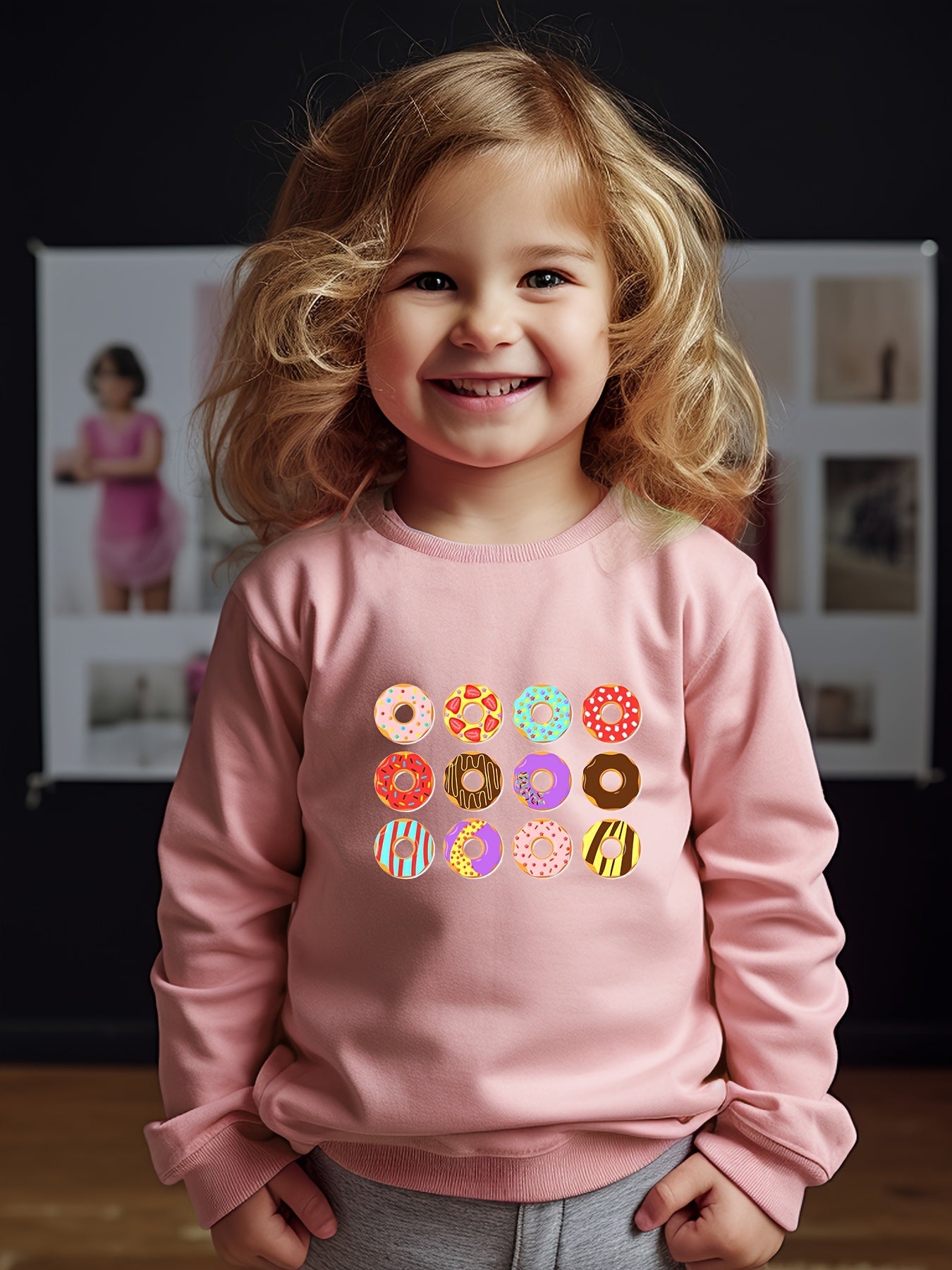 Girls Donuts Print Crew Neck Sweatshirt