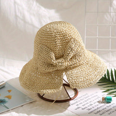 Crochet Straw Sun Hat Wide Brim UV Protection Bucket Hat