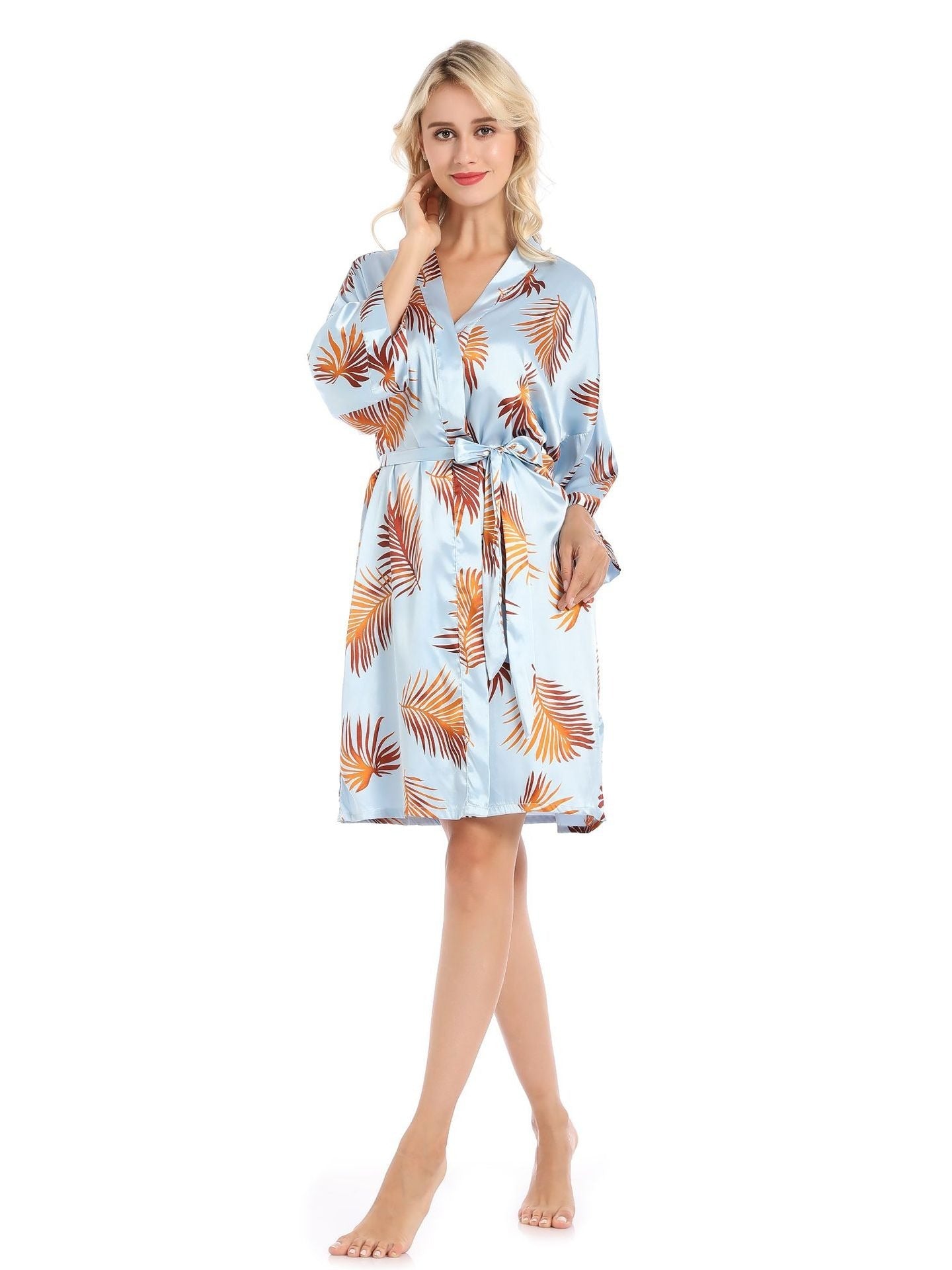 Leaf Print Satin Night Robe Long Sleeve V Neck Robe Women's Sleepwear