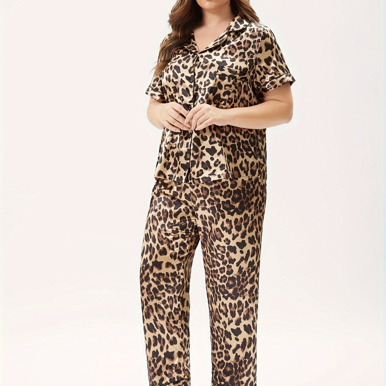 Women's Plus Leopard Print Silk Pajama Set