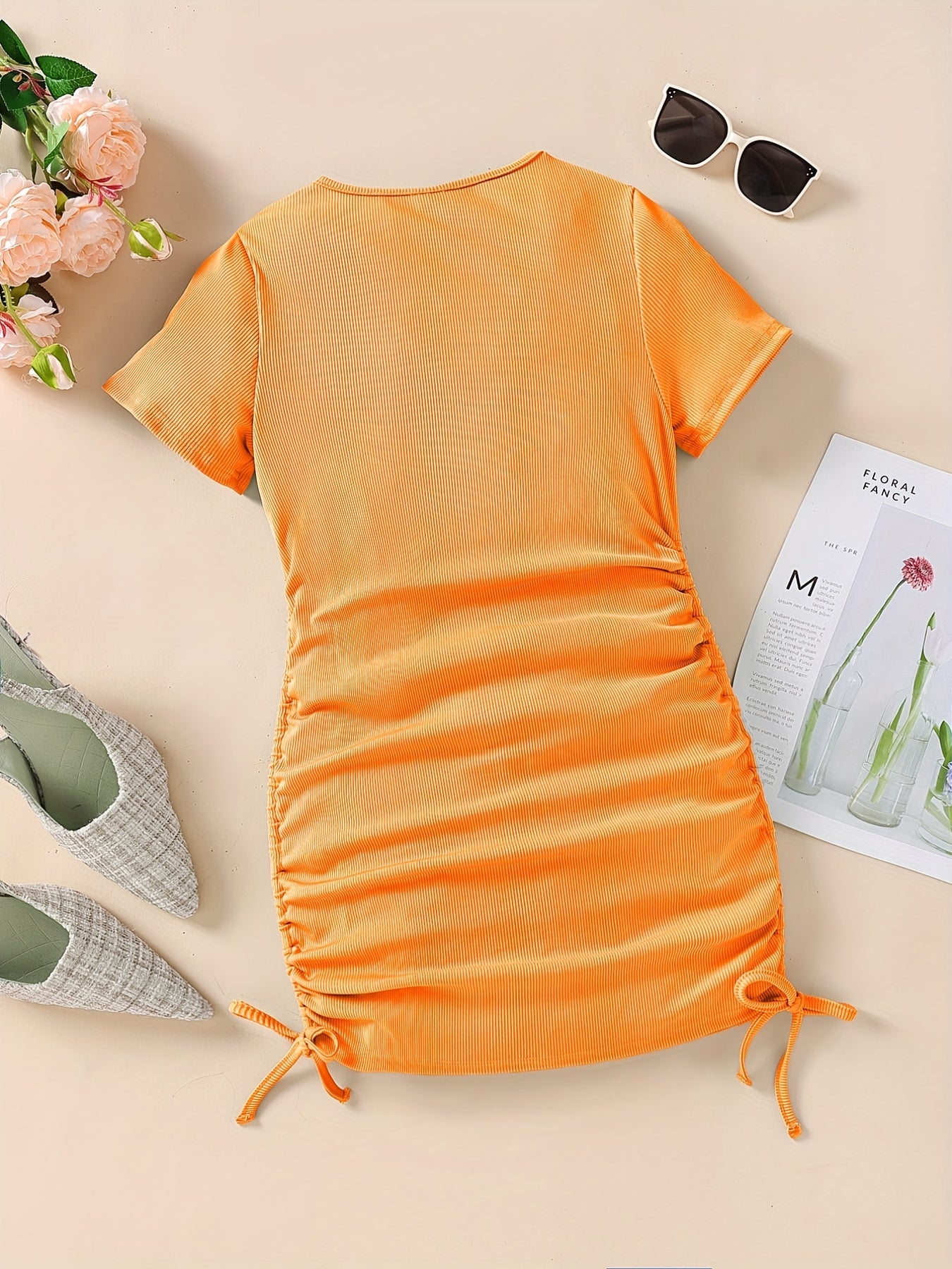 Girls' Drawstring Side Ruched Casual Dress Slim Fit Short Sleeve