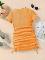 Girls' Drawstring Side Ruched Casual Dress Slim Fit Short Sleeve