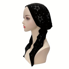 Rhinestone Star Decor Head Wraps Solid Turban Casual Bonnet Ramadan Head Scarf