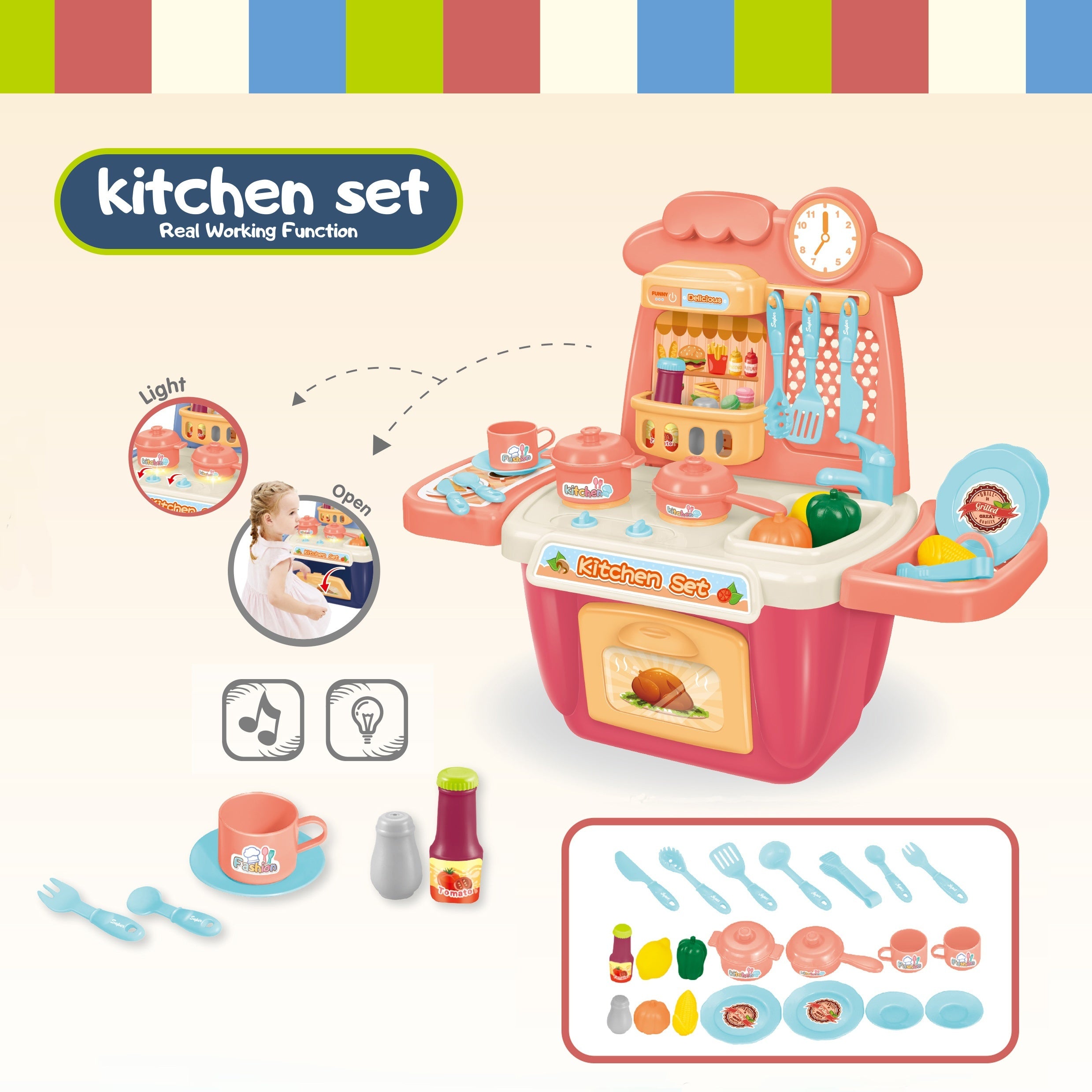 22Pcs Kids Kitchen Playset w/ Lights & Sounds - Realistic Pretend Play Food