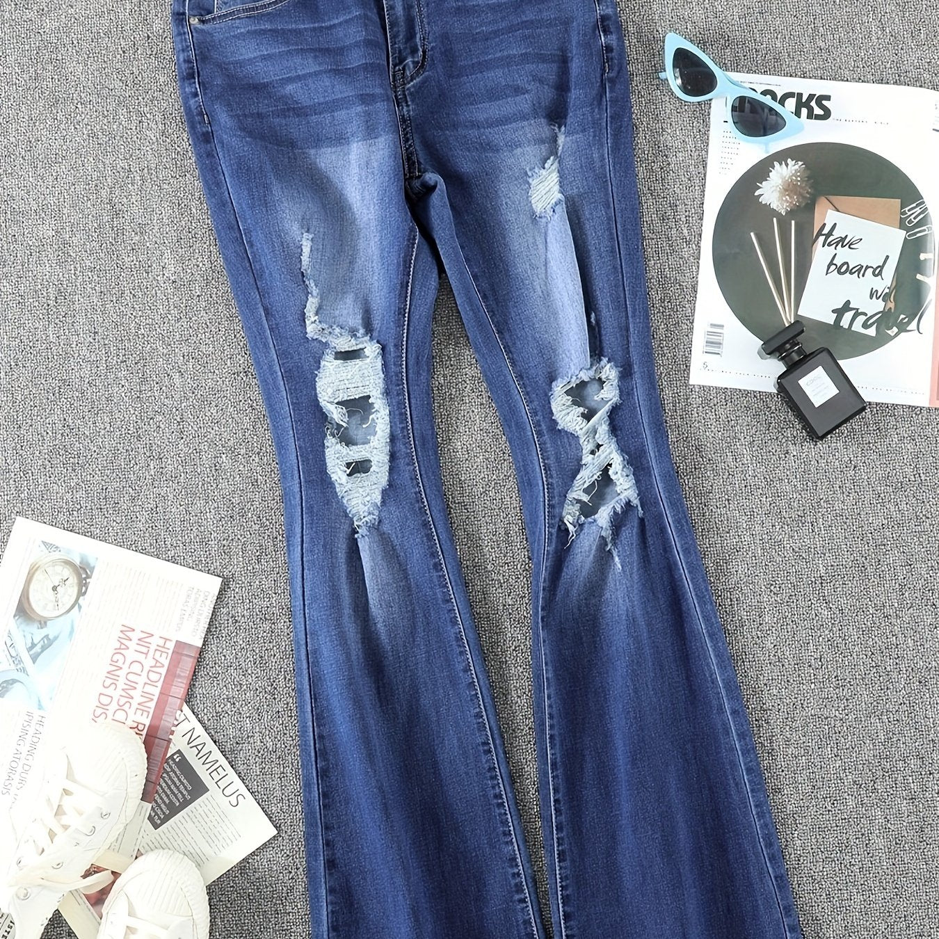 Ripped Holes Flare Jeans Mid Stretch Distressed Whiskered Bell Bottom Jeans