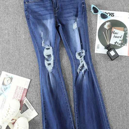Ripped Holes Flare Jeans Mid Stretch Distressed Whiskered Bell Bottom Jeans