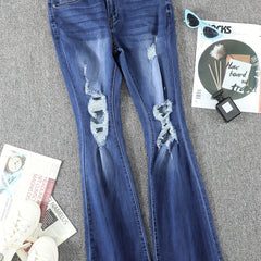 Ripped Holes Flare Jeans Mid Stretch Distressed Whiskered Bell Bottom Jeans