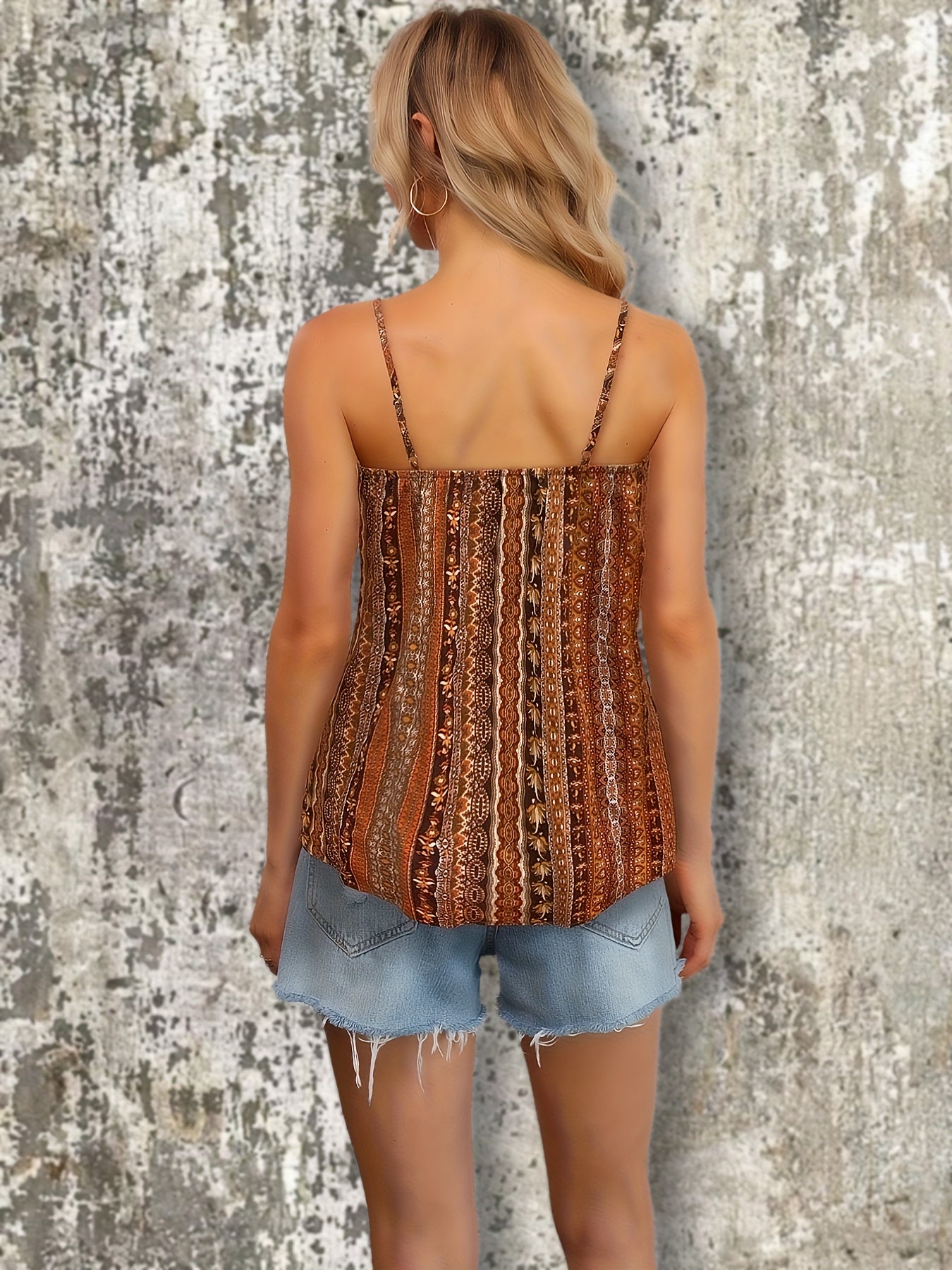 Ethnic Print Spaghetti Strap Top Boho V neck Sleeveless Cami Top