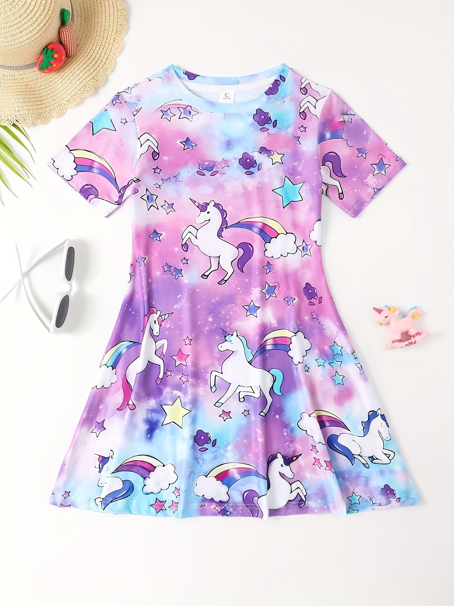3D Unicorn & Starry Sky Graphic Short Sleeve Dress Girls Comfy Dresses