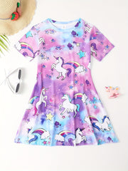 3D Unicorn & Starry Sky Graphic Short Sleeve Dress Girls Comfy Dresses