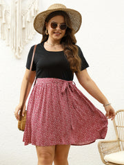 Colorblock Ditsy Print Round Neck Dress With Belt