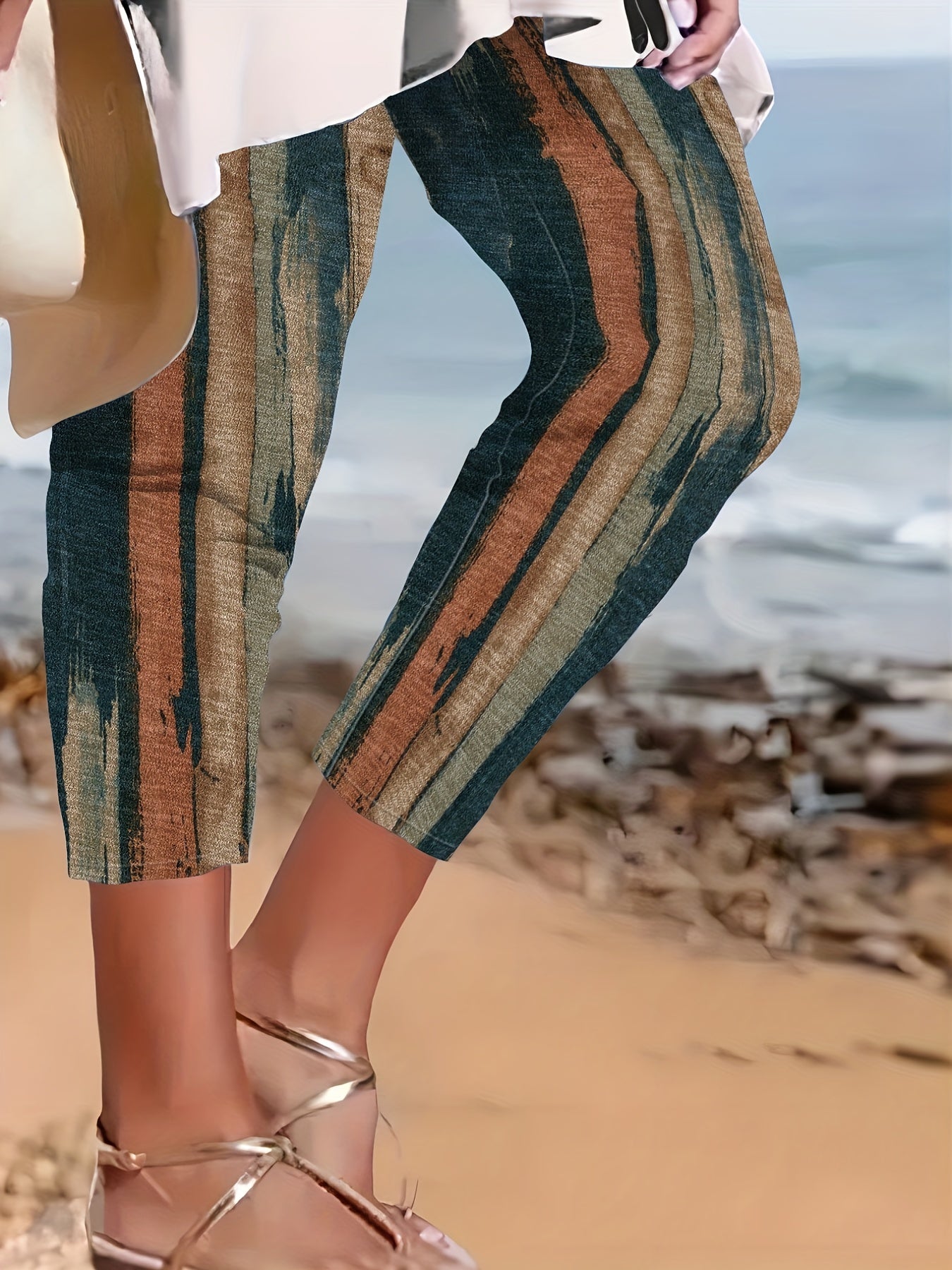 Brush Print Elastic High Rise Slim Fit Trousers
